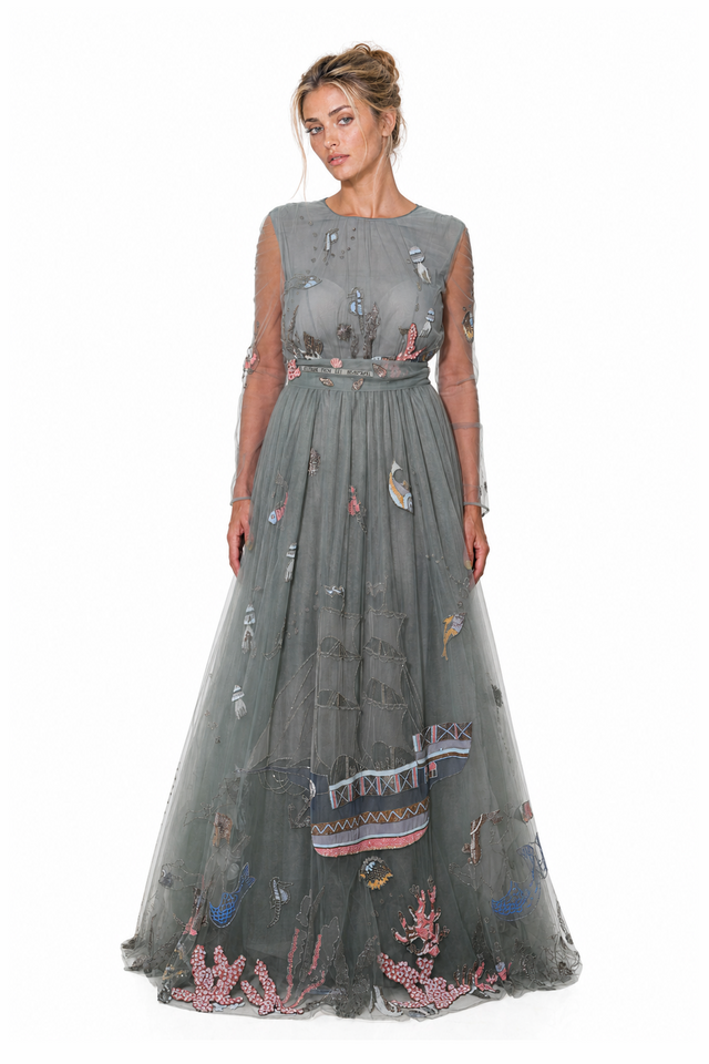 Valentino Embellished Underwater Tulle Open-Back Long-Sleeve Evening Gown in Sage Grey