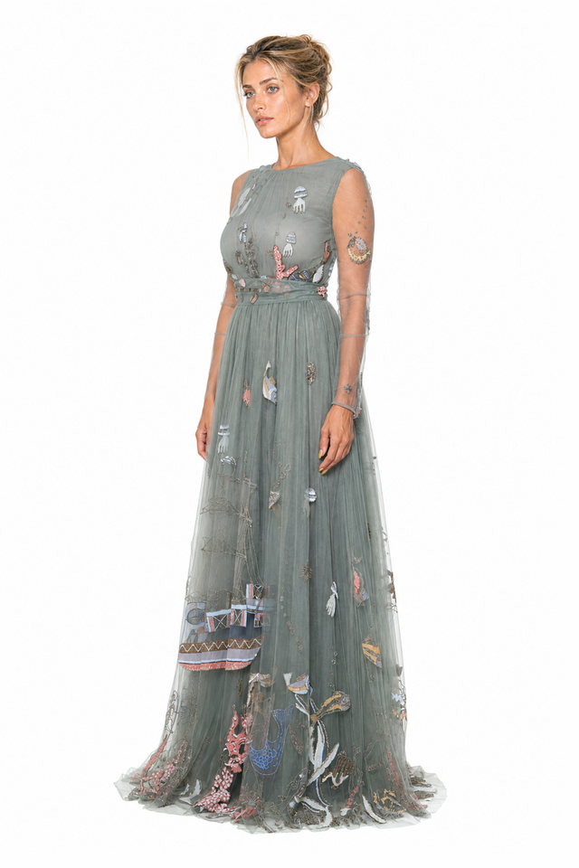 Valentino Embellished Underwater Tulle Open-Back Long-Sleeve Evening Gown in Sage Grey