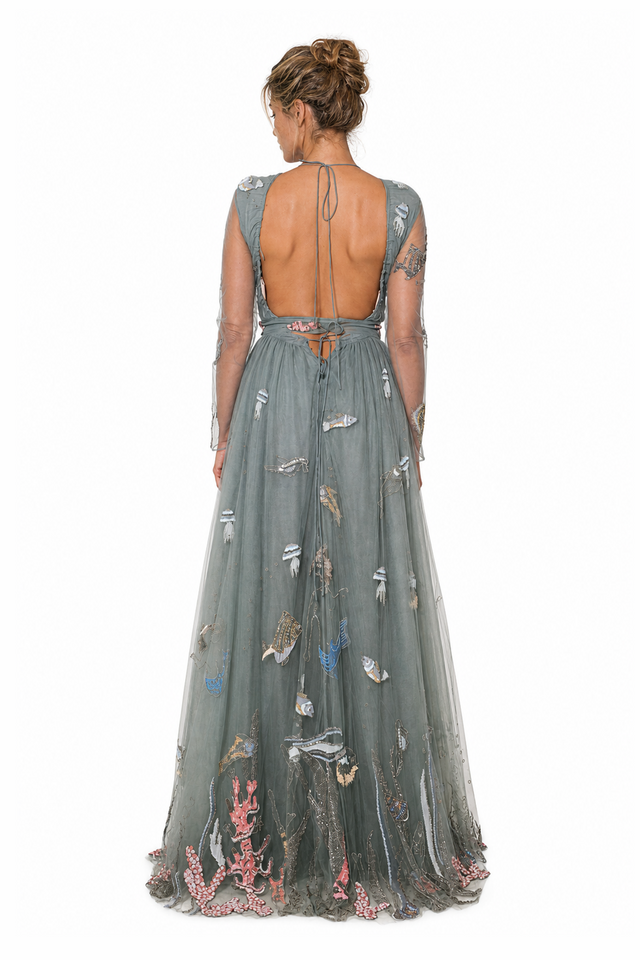 Valentino Embellished Underwater Tulle Open-Back Long-Sleeve Evening Gown in Sage Grey