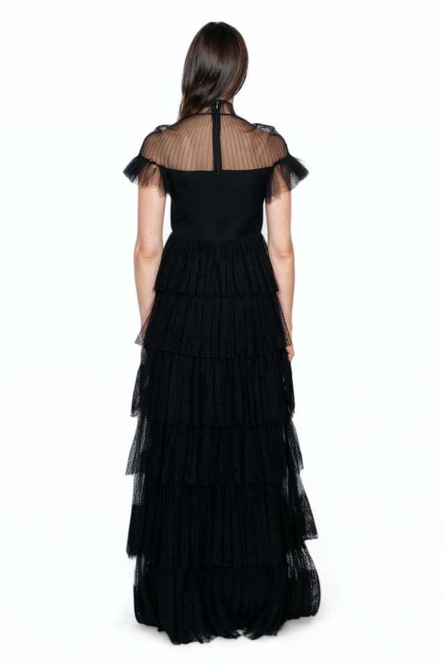 Valentino Tiered Tulle Gown with Sheer Yoke in Black