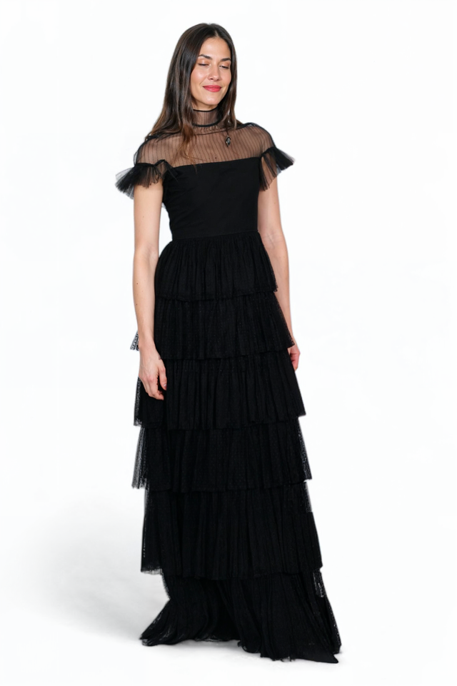 Valentino Tiered Tulle Gown with Sheer Yoke in Black