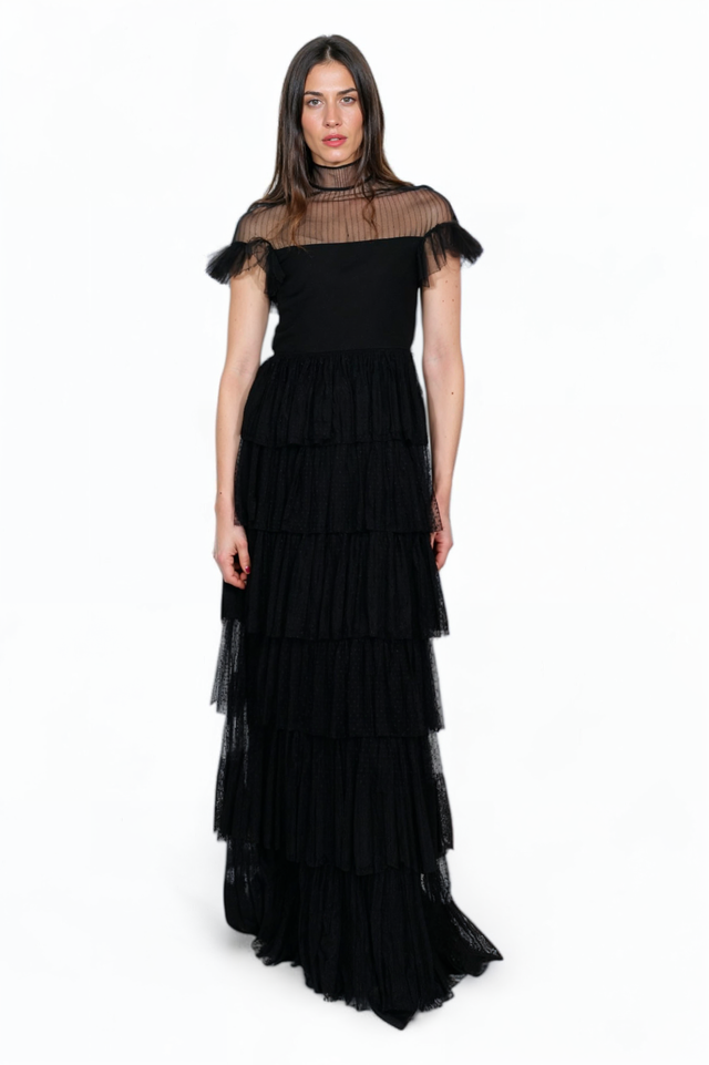 Valentino Tiered Tulle Gown with Sheer Yoke in Black