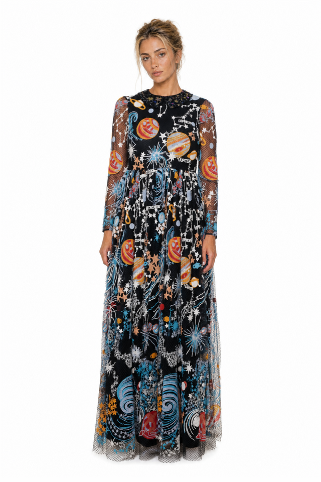 Valentino Cosmos Embroidered Tulle Long-Sleeve Evening Gown in Black Multi