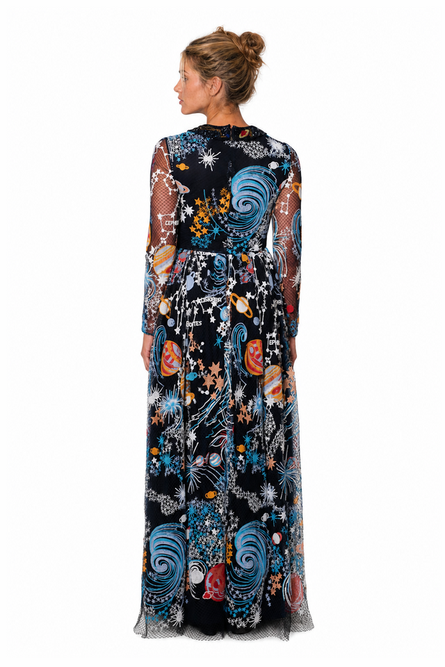 Valentino Cosmos Embroidered Tulle Long-Sleeve Evening Gown in Black Multi
