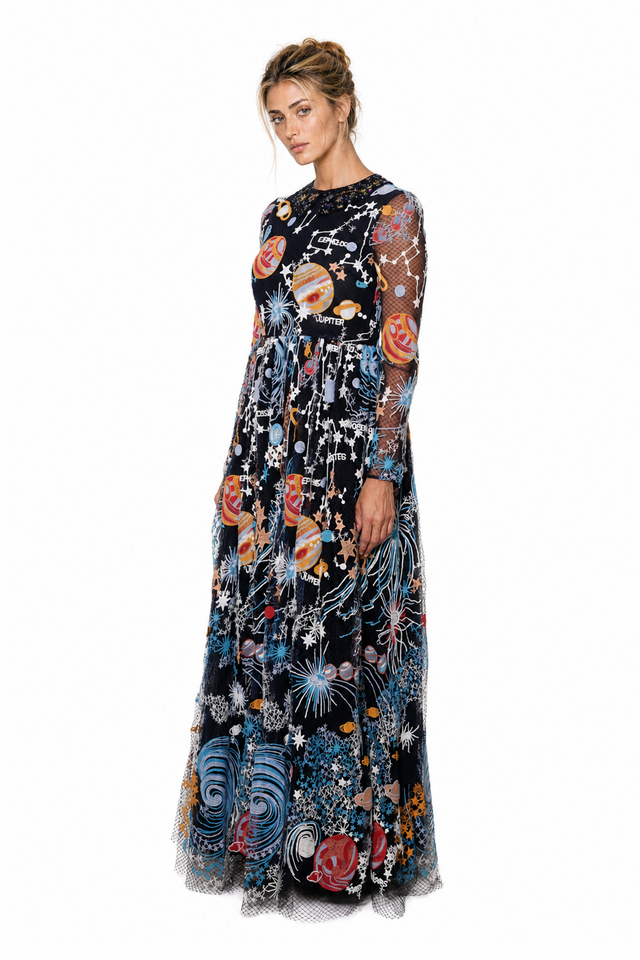 Valentino Cosmos Embroidered Tulle Long-Sleeve Evening Gown in Black Multi
