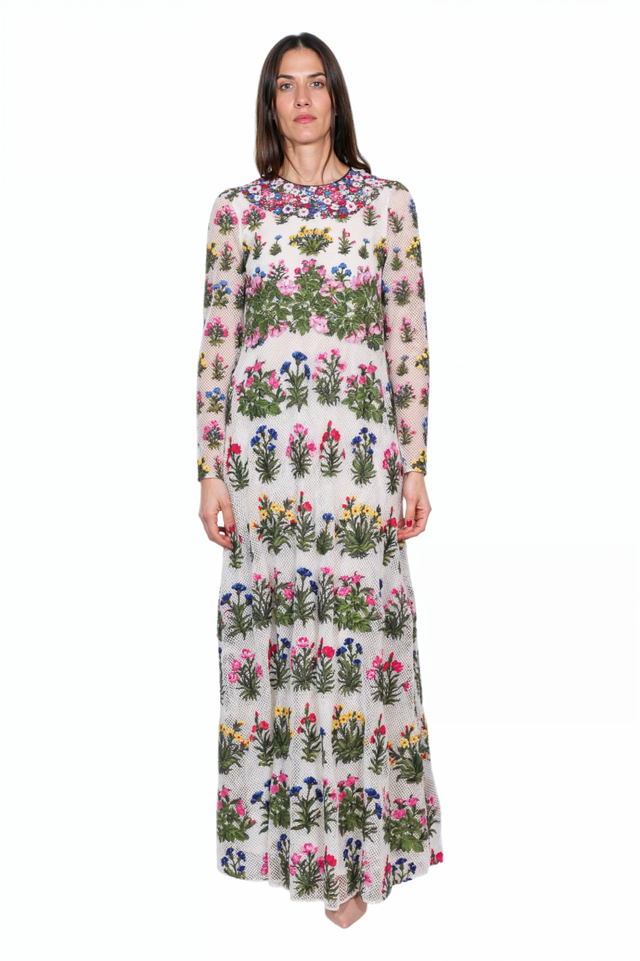 Valentino Floral Embroidered Gown with Sheer Overlay