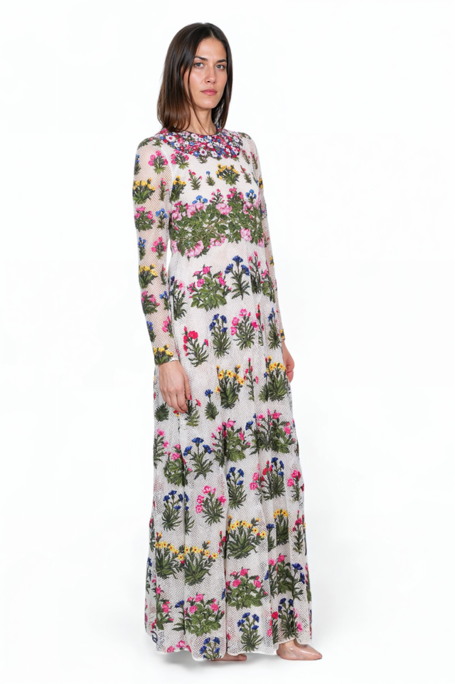 Valentino Floral Embroidered Gown with Sheer Overlay