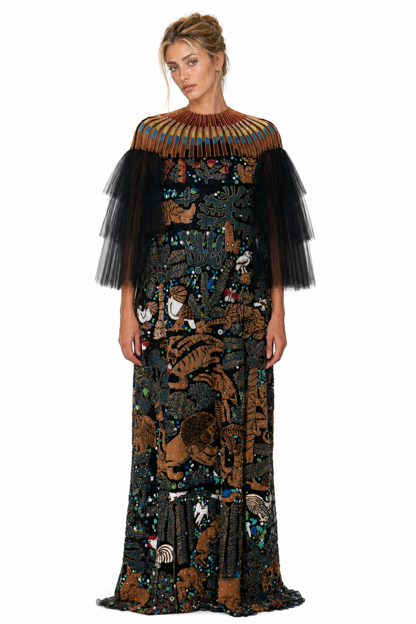 Valentino Women's Animal Tapestry Beaded & Tulle-Sleeve Maxi Gown in Black Multicolor