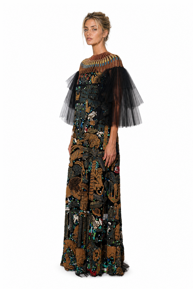 Valentino Women's Animal Tapestry Beaded & Tulle-Sleeve Maxi Gown in Black Multicolor