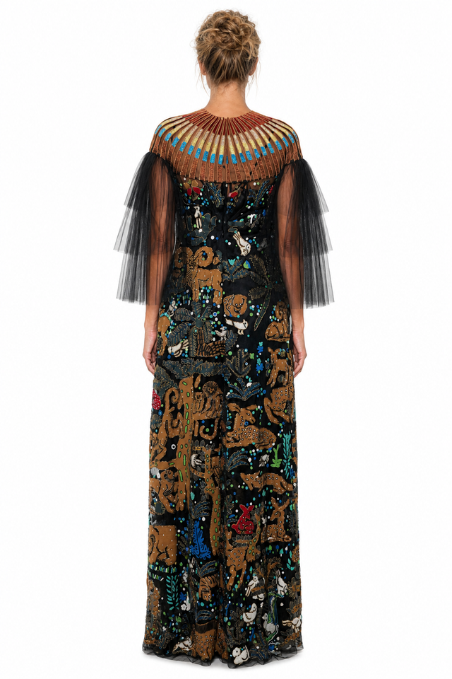 Valentino Women's Animal Tapestry Beaded & Tulle-Sleeve Maxi Gown in Black Multicolor