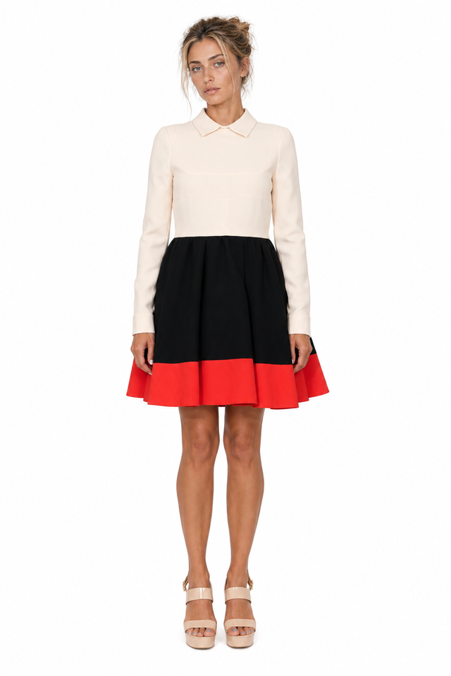 Valentino Color-Blocked Long-Sleeve Mini Dress