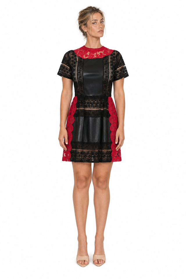 Valentino Leather & Lace Panel Short-Sleeve Mini Dress