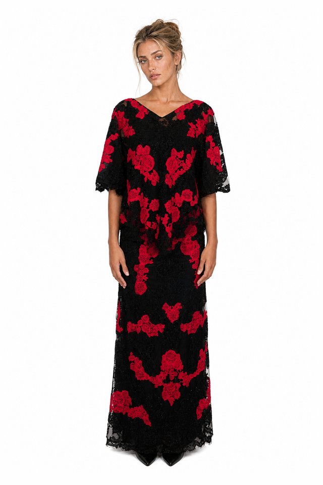 Valentino Floral Lace Overlay Popover Evening Gown in Crimson Red & Black