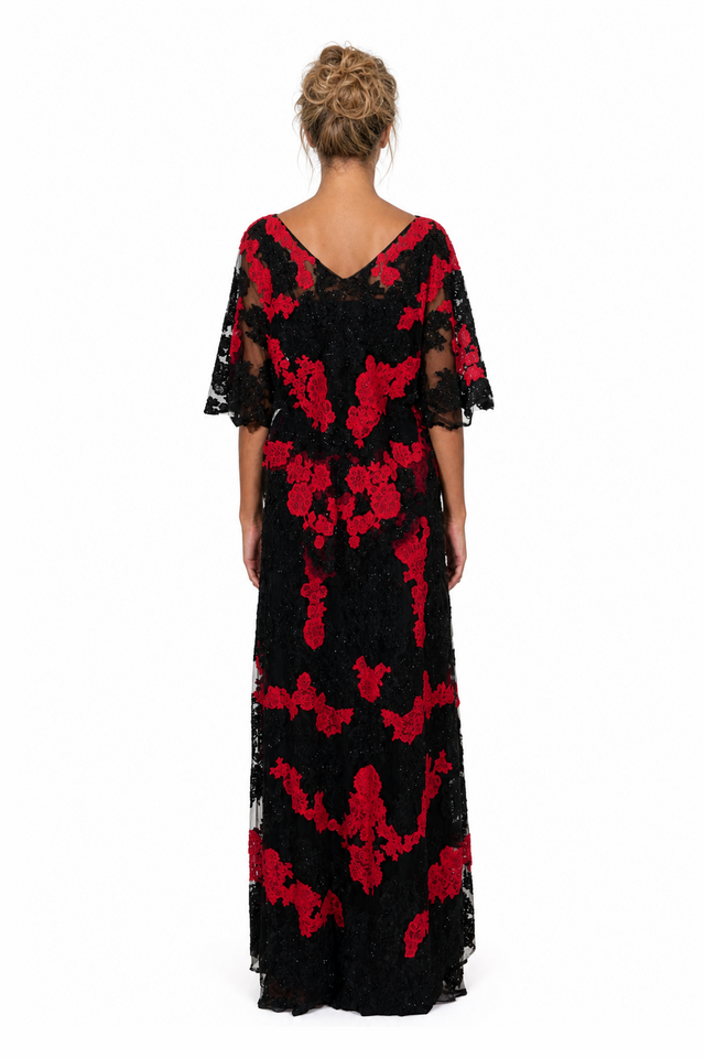 Valentino Floral Lace Overlay Popover Evening Gown in Crimson Red & Black