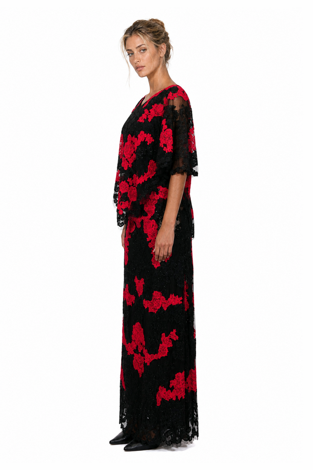 Valentino Floral Lace Overlay Popover Evening Gown in Crimson Red & Black