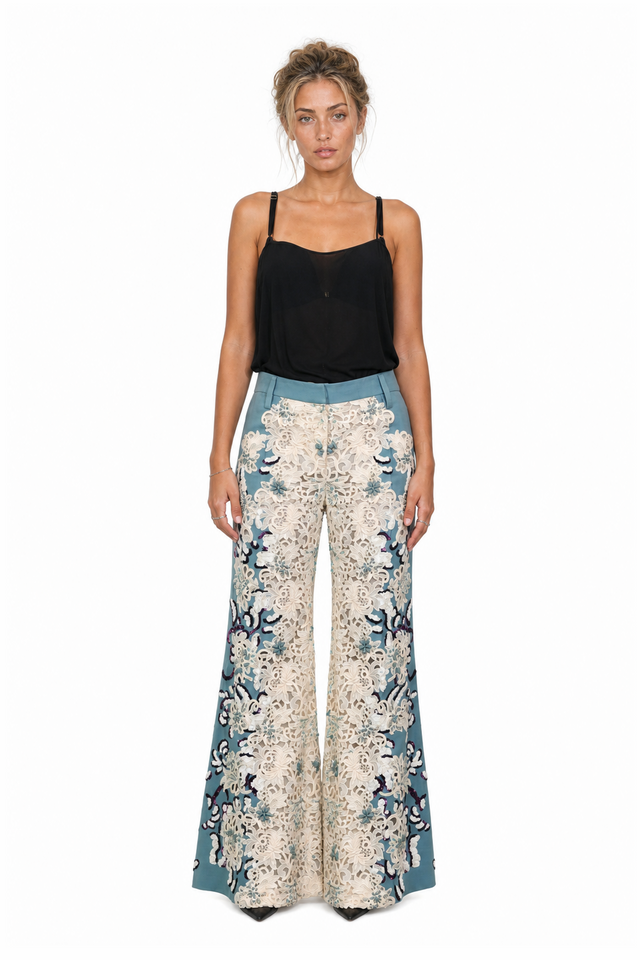 Valentino Floral Guipure Lace Appliqué Flared Trousers in Slate Blue & Ivory White