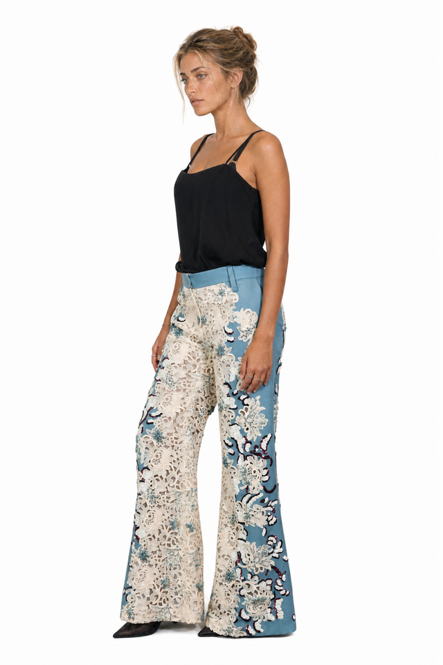 Valentino Floral Guipure Lace Appliqué Flared Trousers in Slate Blue & Ivory White