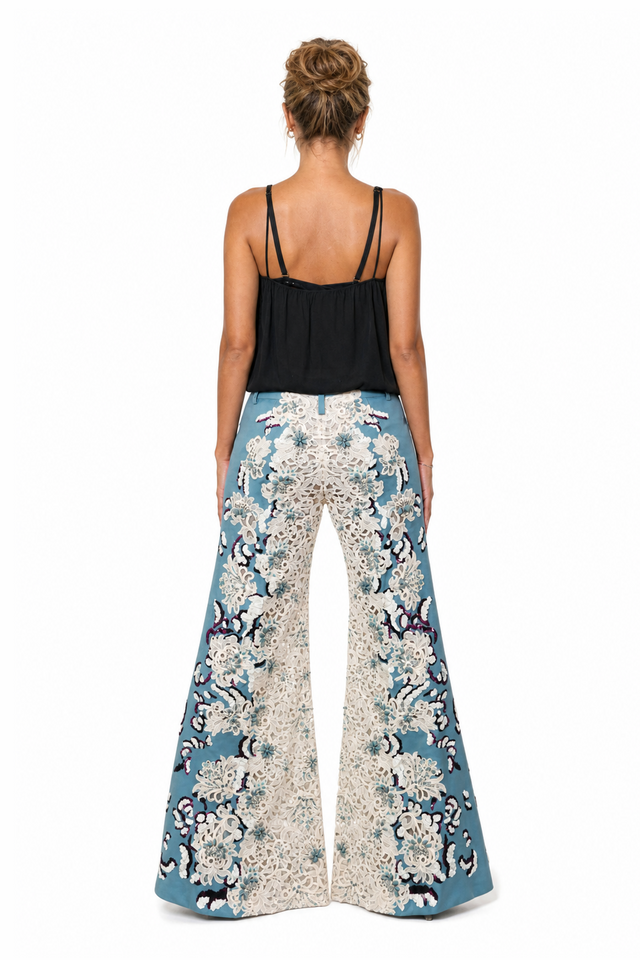 Valentino Floral Guipure Lace Appliqué Flared Trousers in Slate Blue & Ivory White