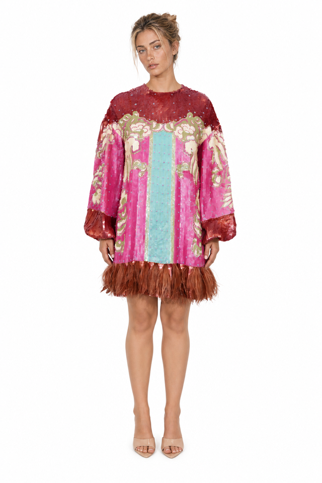 Valentino Feather-Trimmed Sequined Mini Dress