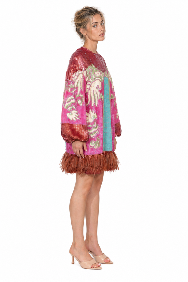 Valentino Feather-Trimmed Sequined Mini Dress