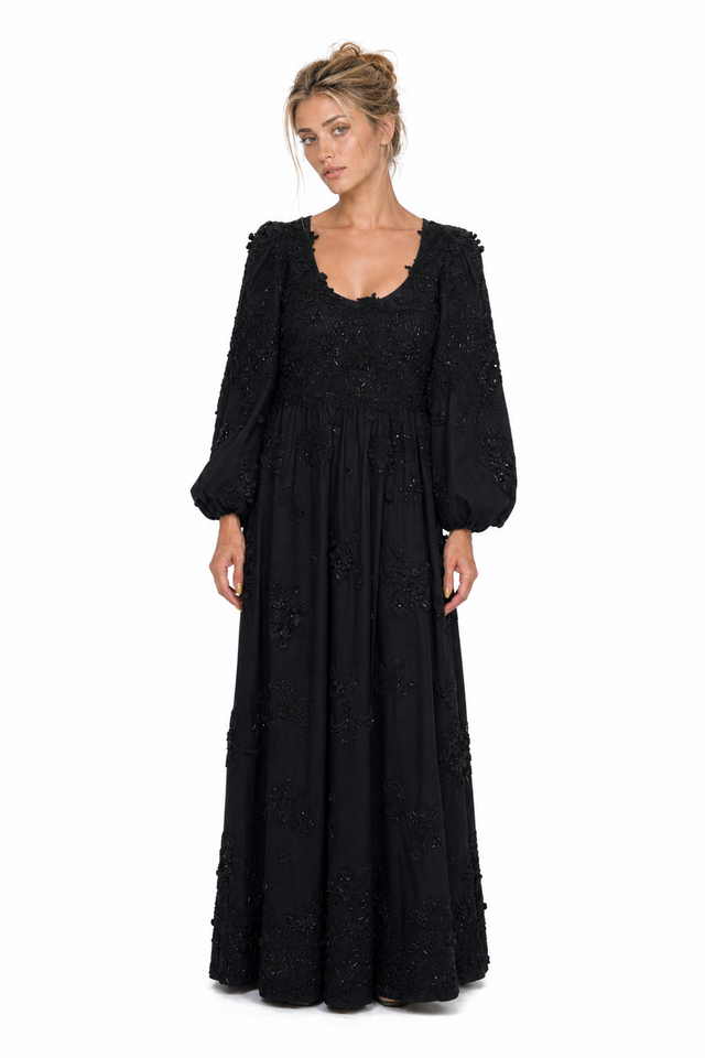 Valentino Women's Floral Sequined & Embroidered Long-Sleeve Maxi Gown in Black