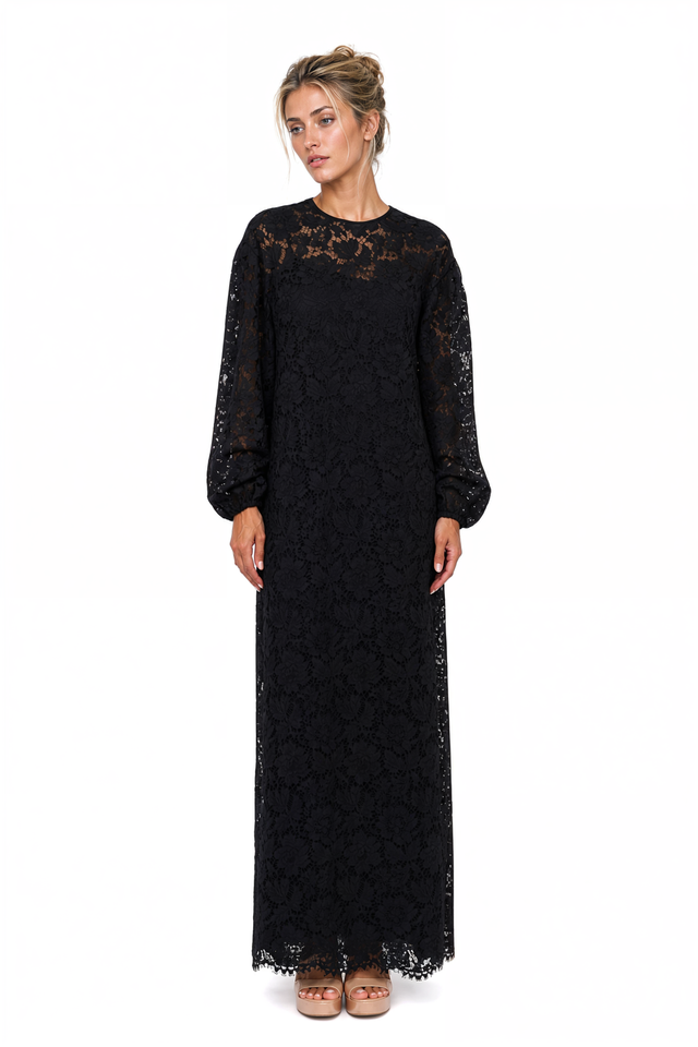 Valentino Long-Sleeve Floral Lace Maxi Gown in Black