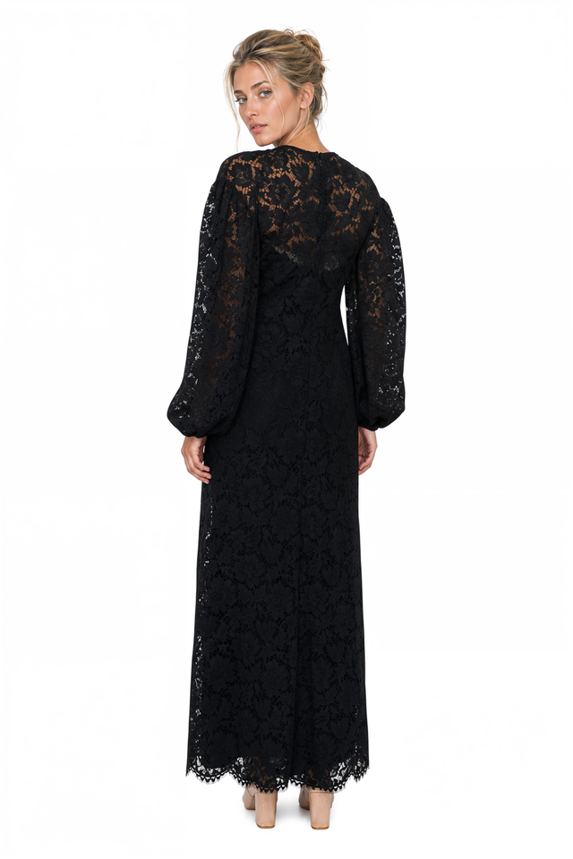 Valentino Long-Sleeve Floral Lace Maxi Gown in Black