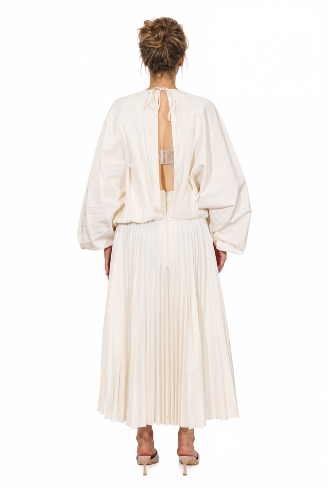 Valentino Pleated Long-Sleeve Open-Back Midi Dress in Cream