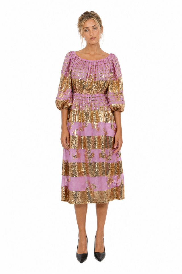 Valentino Metallic Striped Sequin Silk Midi Dress in Orchid Pink & Gold