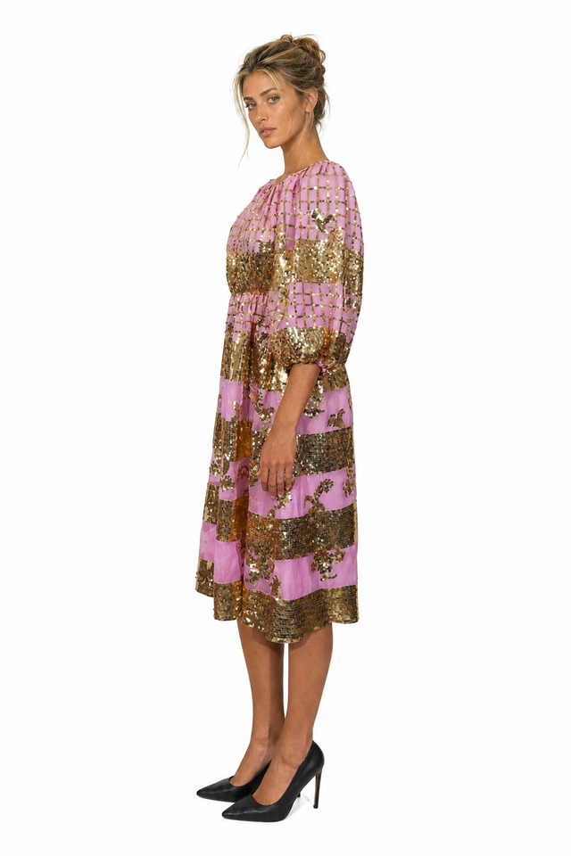 Valentino Metallic Striped Sequin Silk Midi Dress in Orchid Pink & Gold