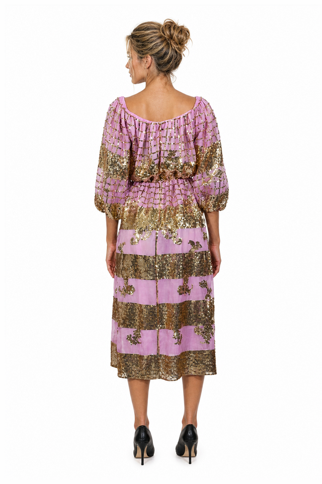 Valentino Metallic Striped Sequin Silk Midi Dress in Orchid Pink & Gold