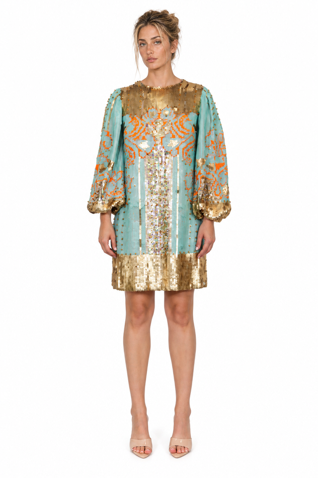 Valentino Turquoise and Gold Sequin Embroidered Mini Dress