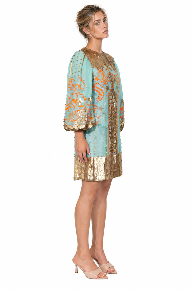 Valentino Turquoise and Gold Sequin Embroidered Mini Dress
