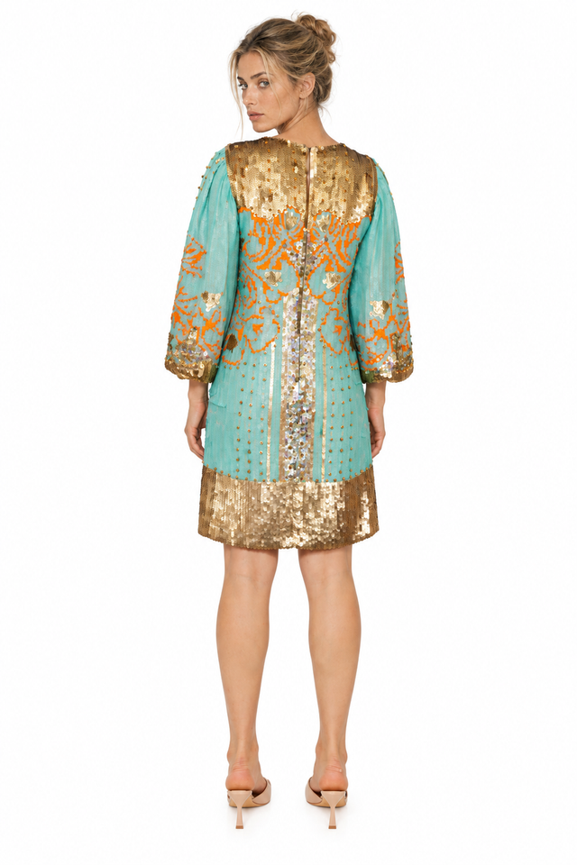 Valentino Turquoise and Gold Sequin Embroidered Mini Dress