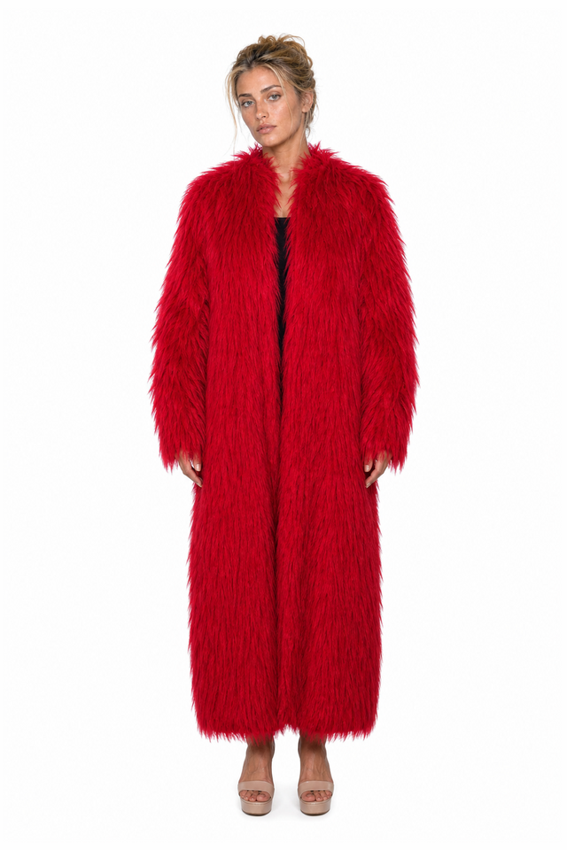 Valentino Red Faux Fur Long Coat