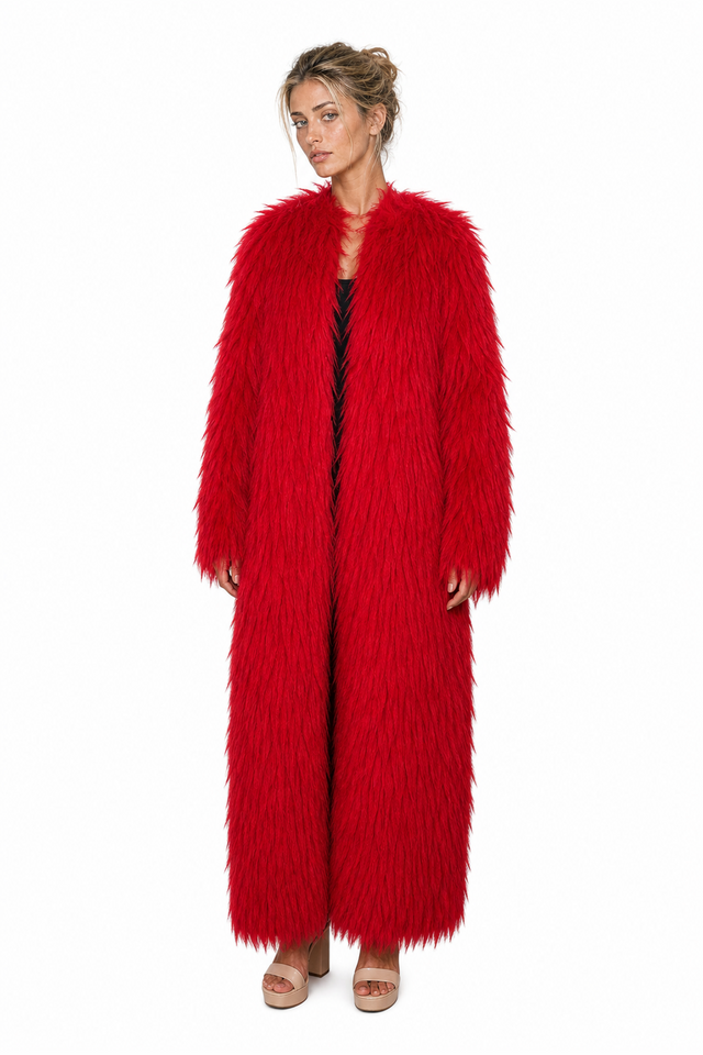 Valentino Red Faux Fur Long Coat