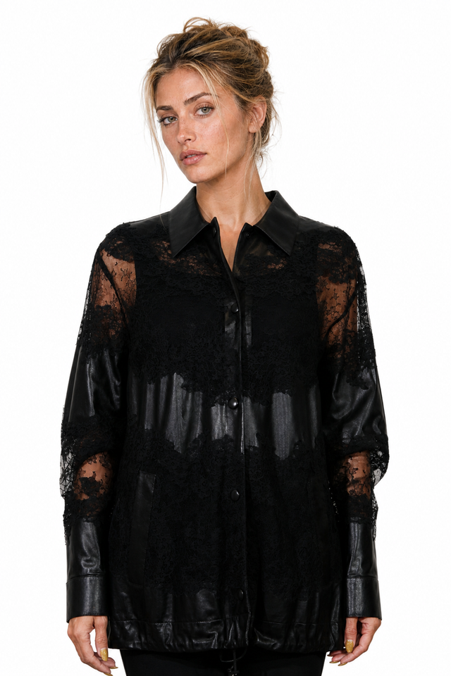Valentino Floral Lace-Panel Nappa Leather Oversized Shirt Jacket in Jet Black