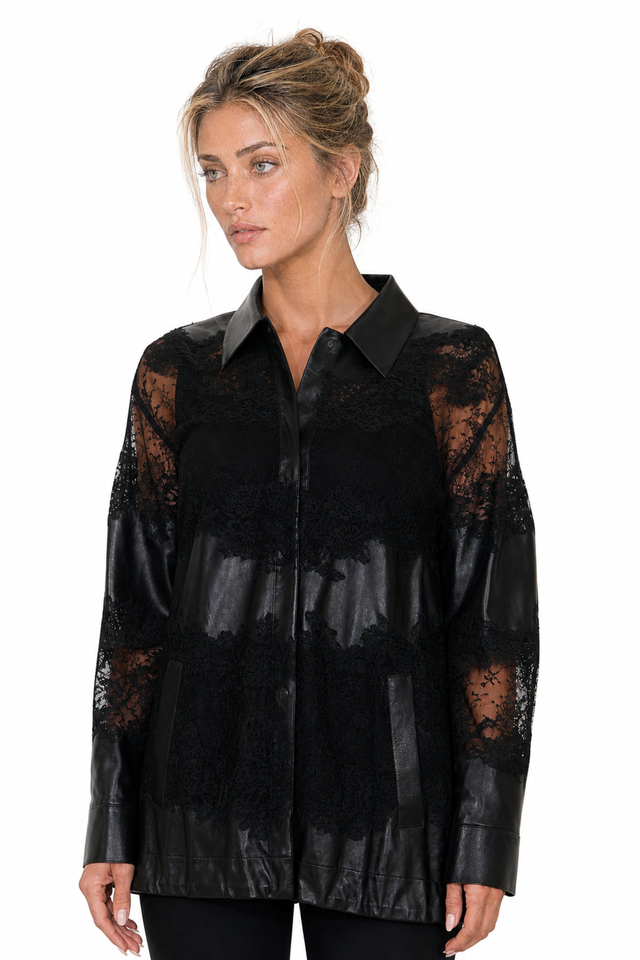 Valentino Floral Lace-Panel Nappa Leather Oversized Shirt Jacket in Jet Black