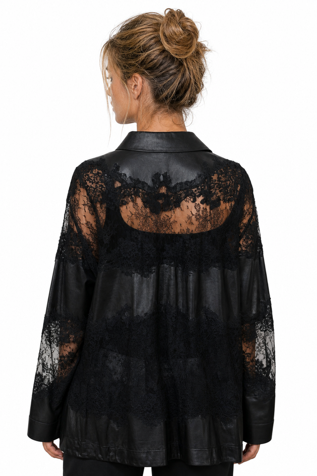 Valentino Floral Lace-Panel Nappa Leather Oversized Shirt Jacket in Jet Black