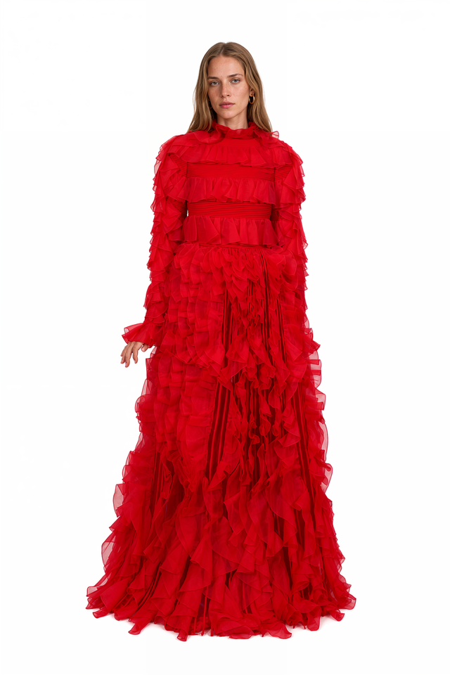 Valentino red silk chiffon gown with all-over cascading ruffles and long flared ruffled cuffs