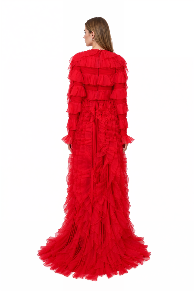 Valentino red silk chiffon gown with all-over cascading ruffles and long flared ruffled cuffs