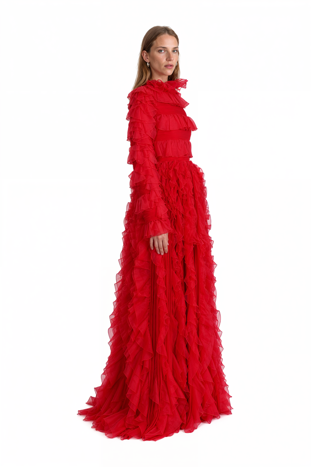Valentino red silk chiffon gown with all-over cascading ruffles and long flared ruffled cuffs