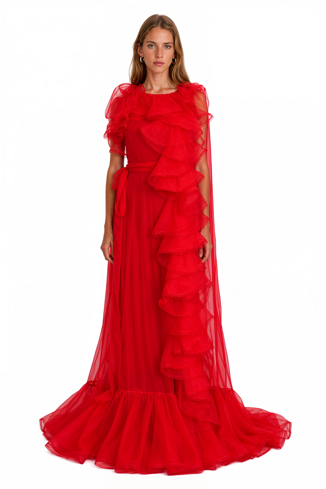 Valentino black organza ruffled cape gown