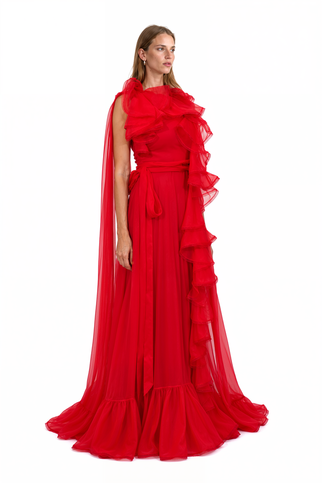 Valentino black organza ruffled cape gown