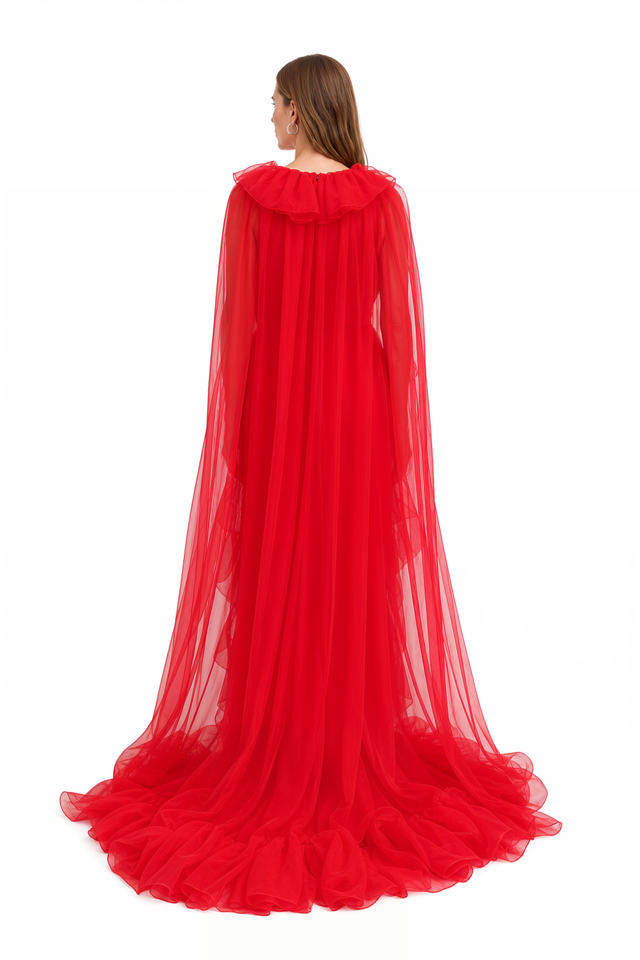 Valentino black organza ruffled cape gown