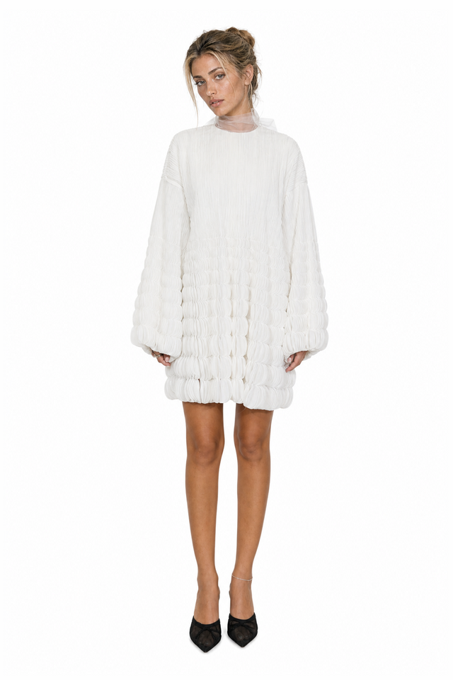 Valentino Sculptural Smocked & Textured Silk Mini Dress in Ivory White