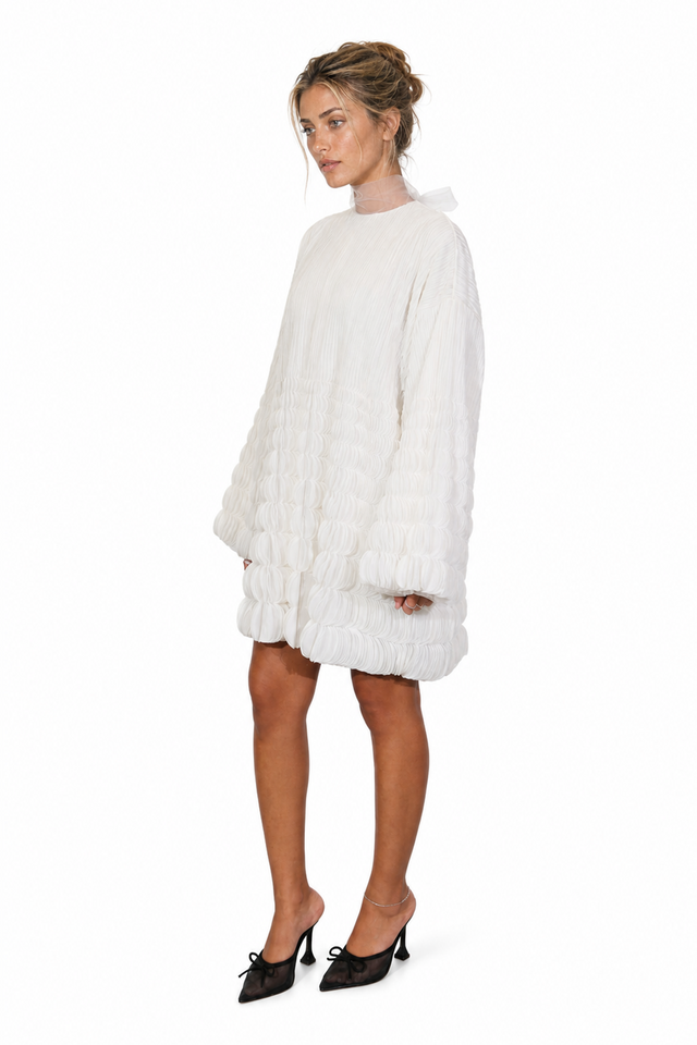 Valentino Sculptural Smocked & Textured Silk Mini Dress in Ivory White