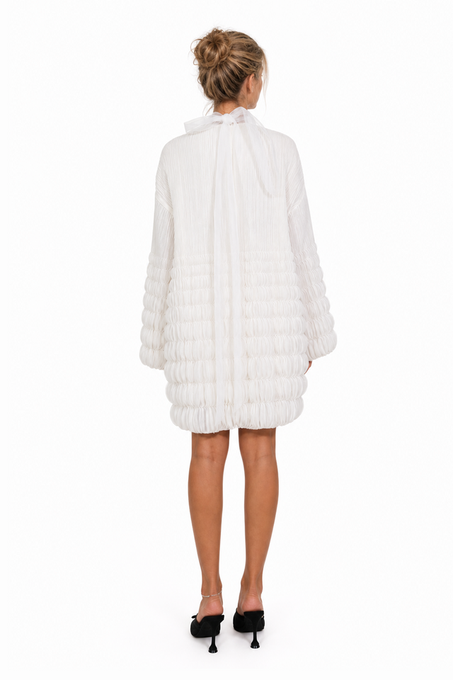 Valentino Sculptural Smocked & Textured Silk Mini Dress in Ivory White