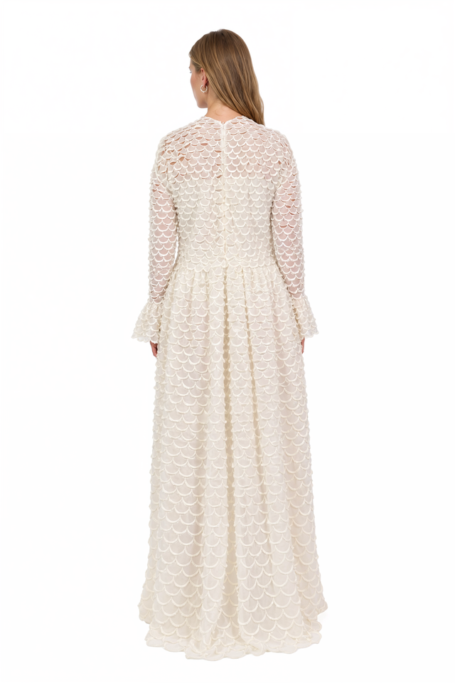 Back view of Valentino ivory scalloped lace maxi dress with covered button closure