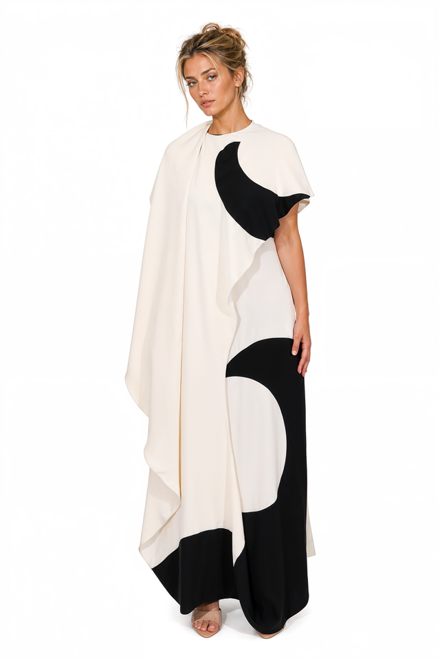 Valentino Asymmetric Draped Graphic Maxi Gown in Ivory & Black